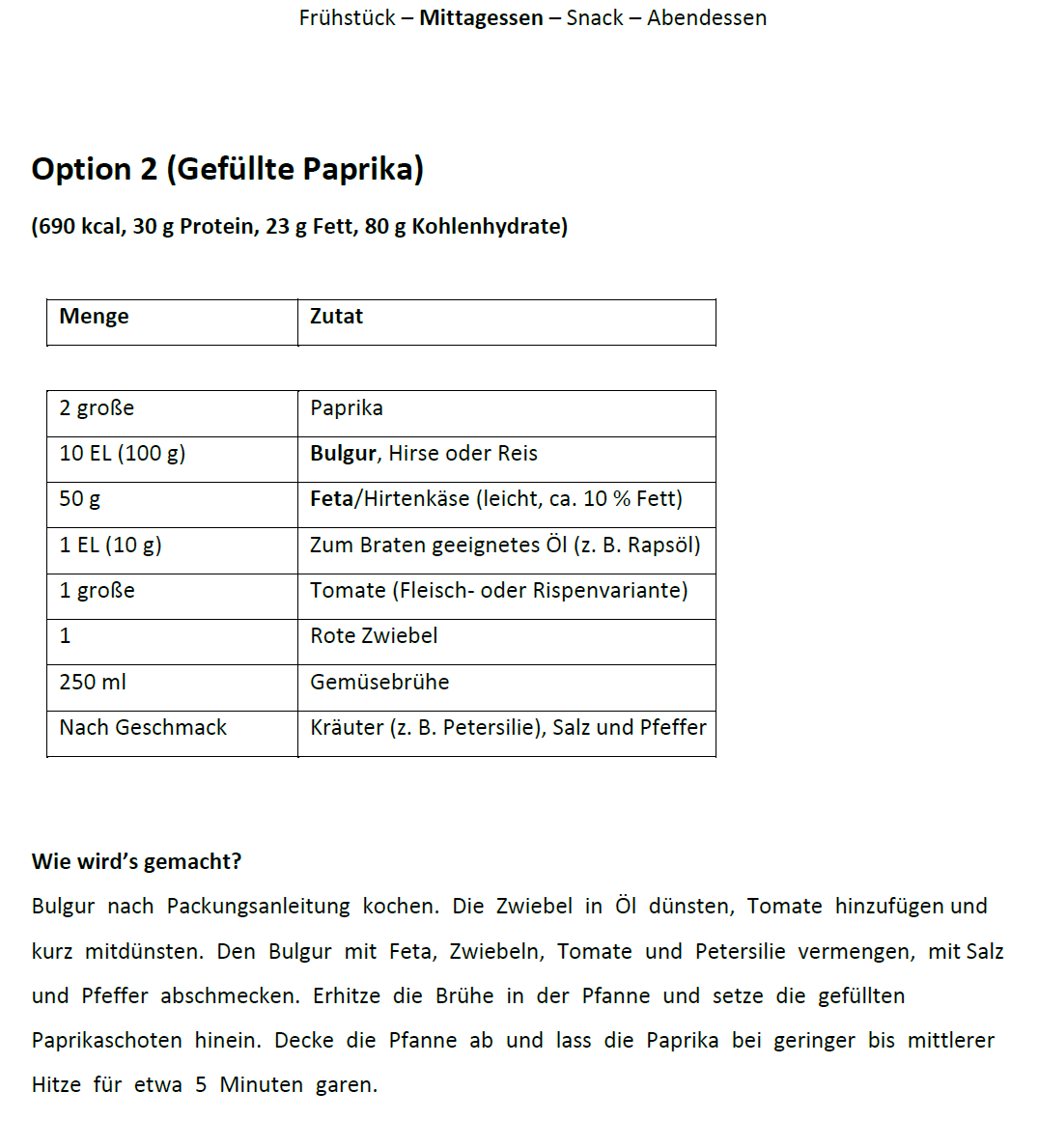 Ausschnitt aus einem PDF-Ernährungsplan zum Abnehmen mit Zutaten und Mengenangaben