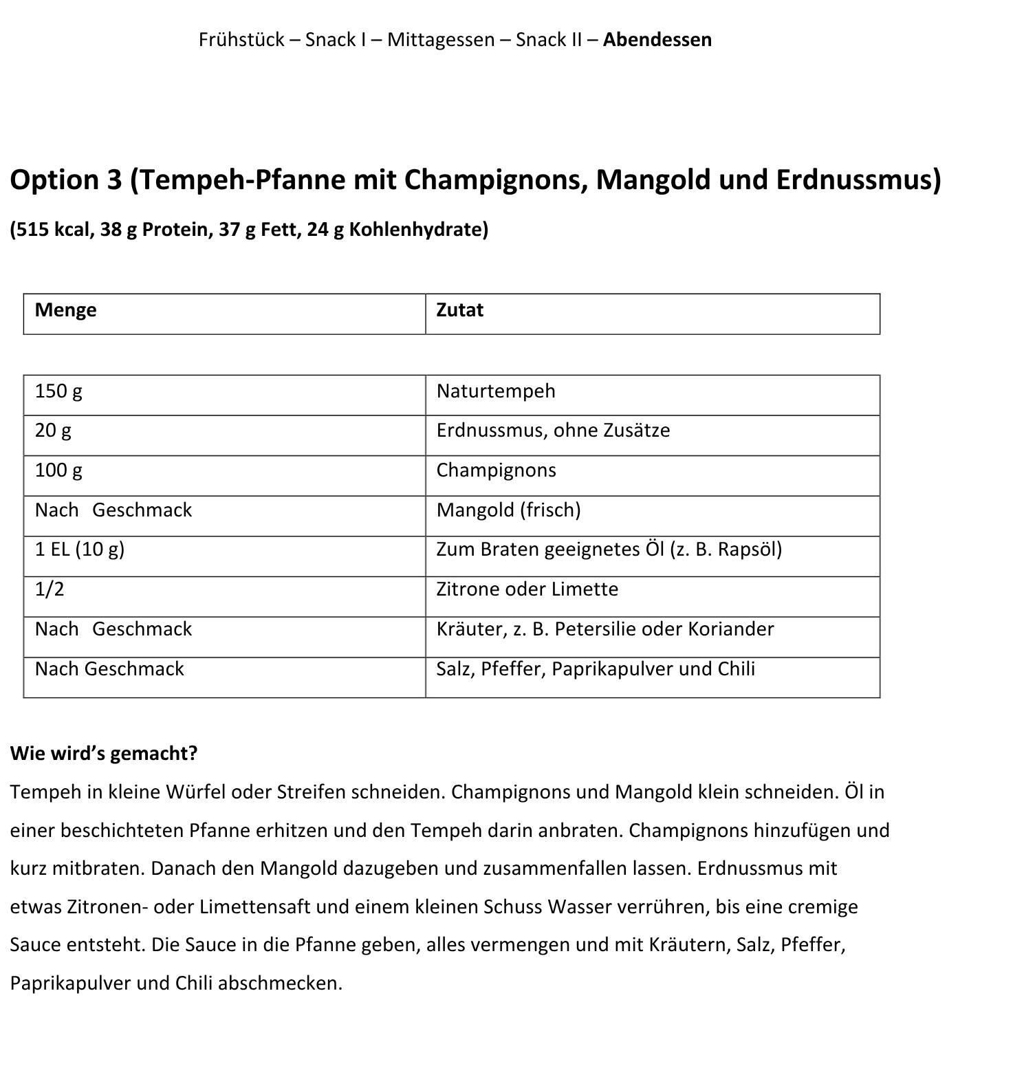 Beispielseite aus einem Ernährungsplan zum Abnehmen als PDF mit Zubereitung und Kalorienangaben