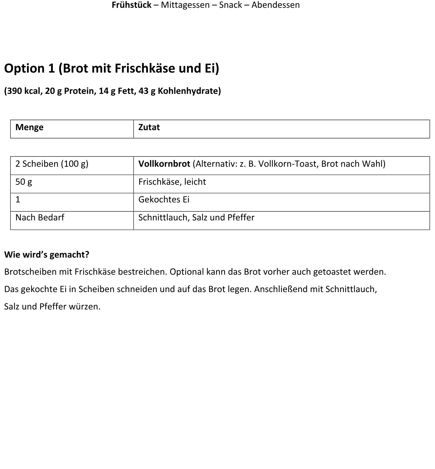 Beispiel für einen Ernährungsplan zum Abnehmen als PDF mit Mahlzeitenoption und Nährwerten
